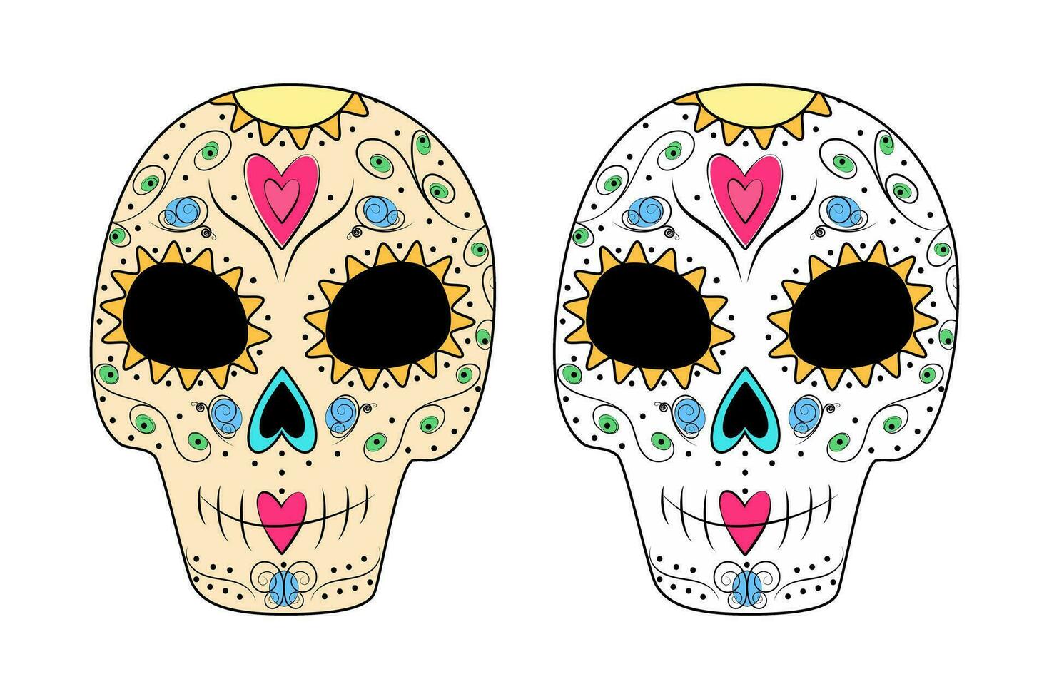 Set of 2 color patterned Sugar Skulls in trendy shades. Day of the Dead. Dia de los muertos. Mexico vector