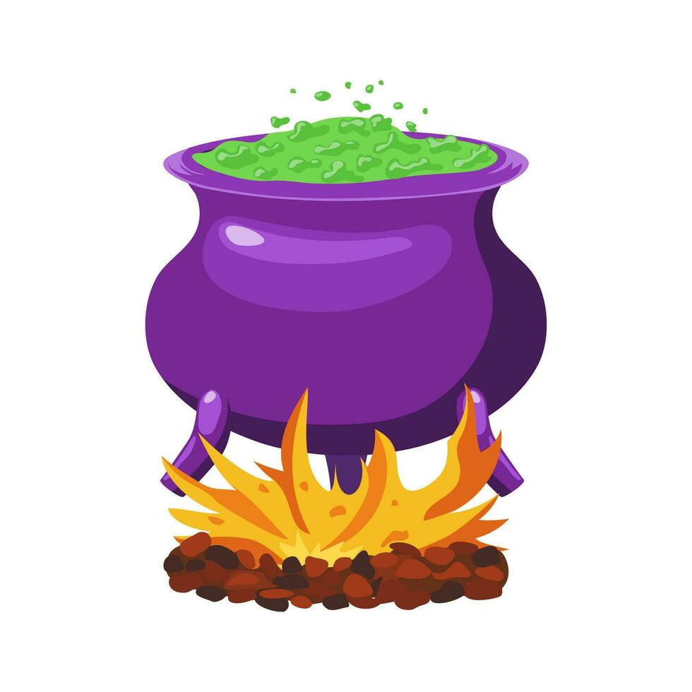 Halloween witch pot with green liquid and fire. Decor for Halloween celebration. Isolated purple cauldron graphic template. Vector illustration.