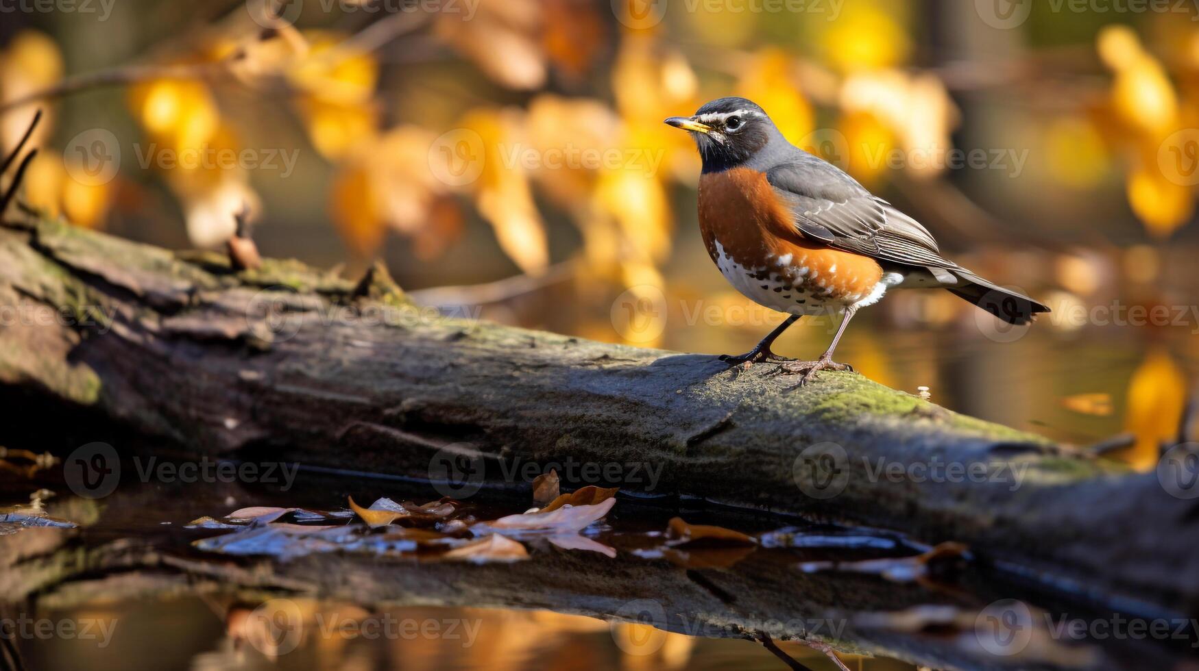 Photo of a American Robin standing on a fallen tree branch at morning