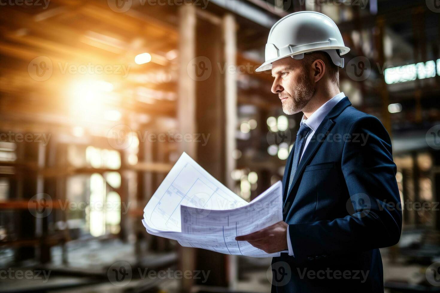 Professional engineer in protective helmet and blueprints paper at house building construction site. photo