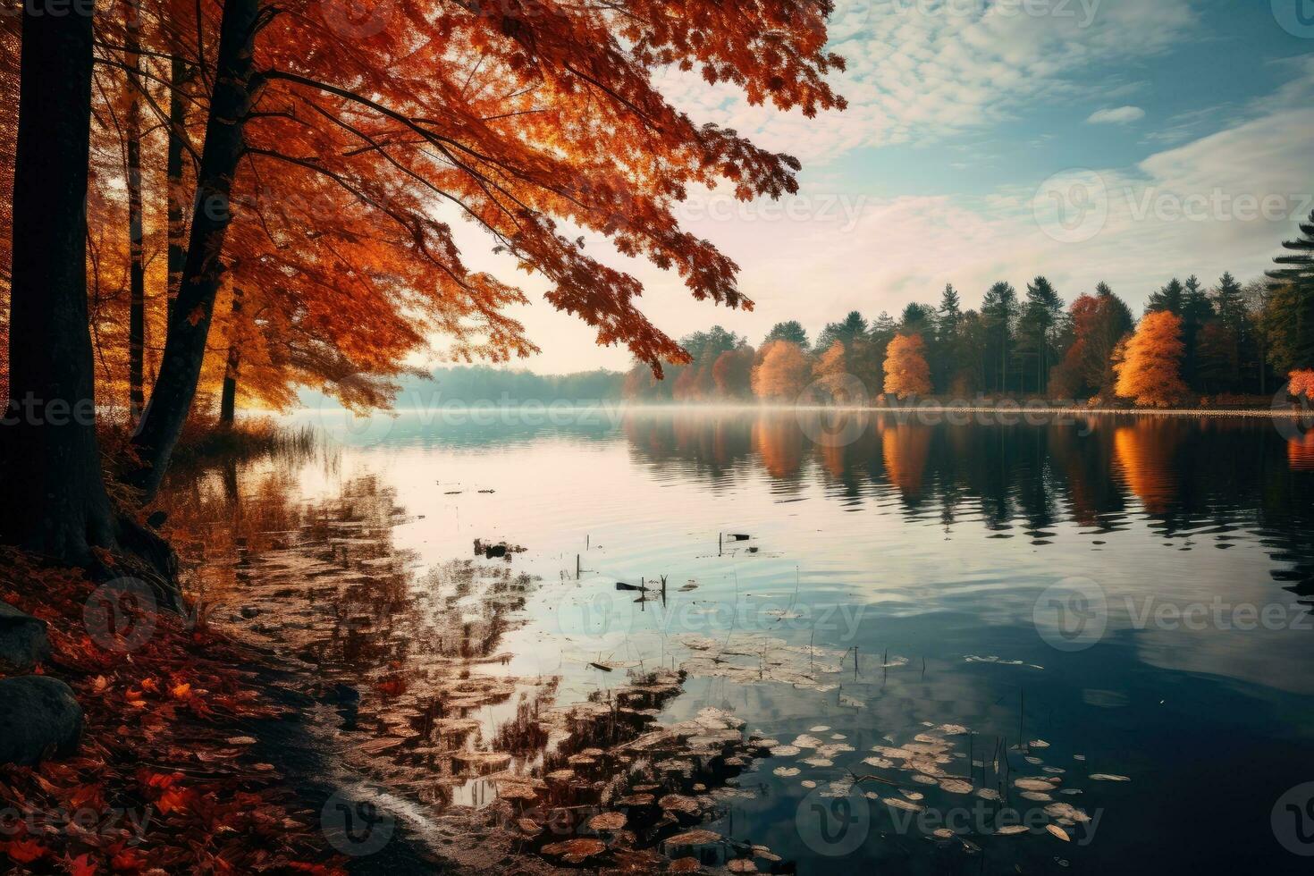 paisaje otoñal con lago y árboles foto