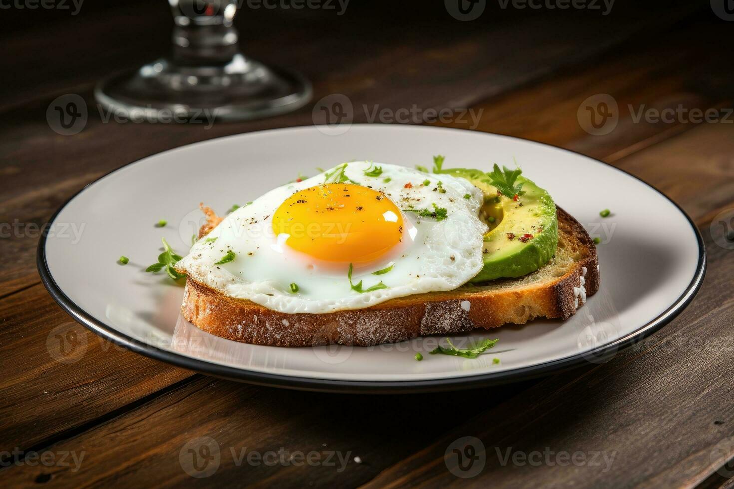 Plate with bread and fried egg and avocado photo