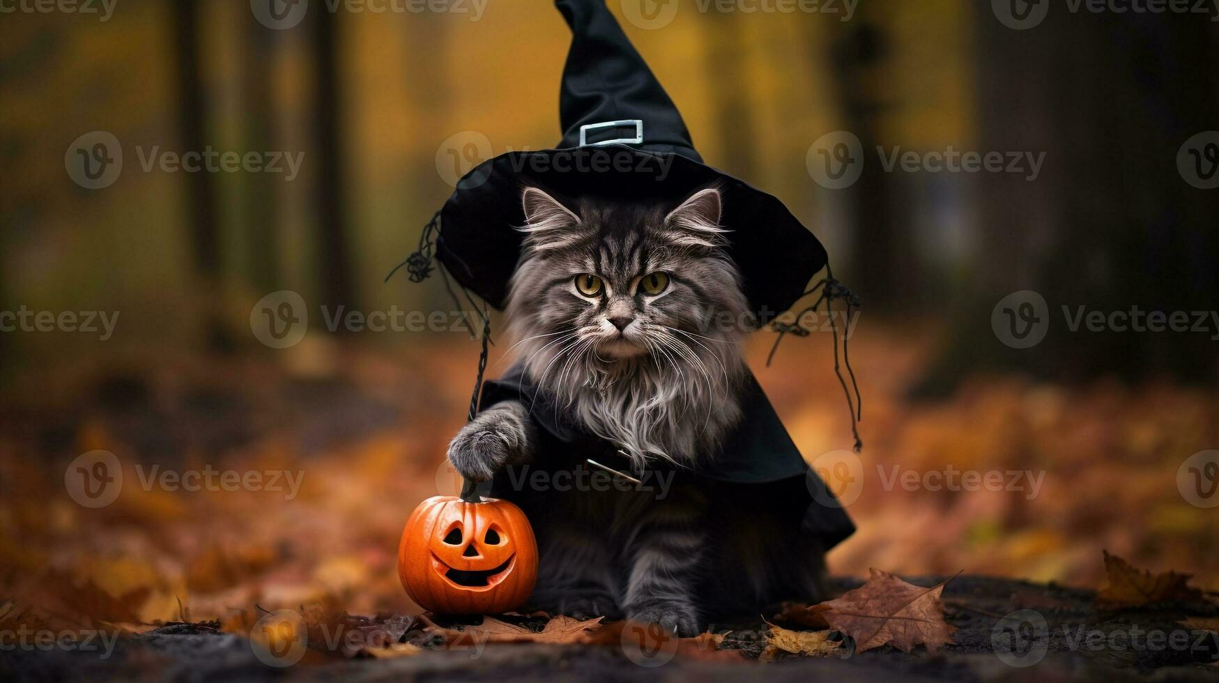 Photo of a cute cat wearing a Halloween costume. Generative AI