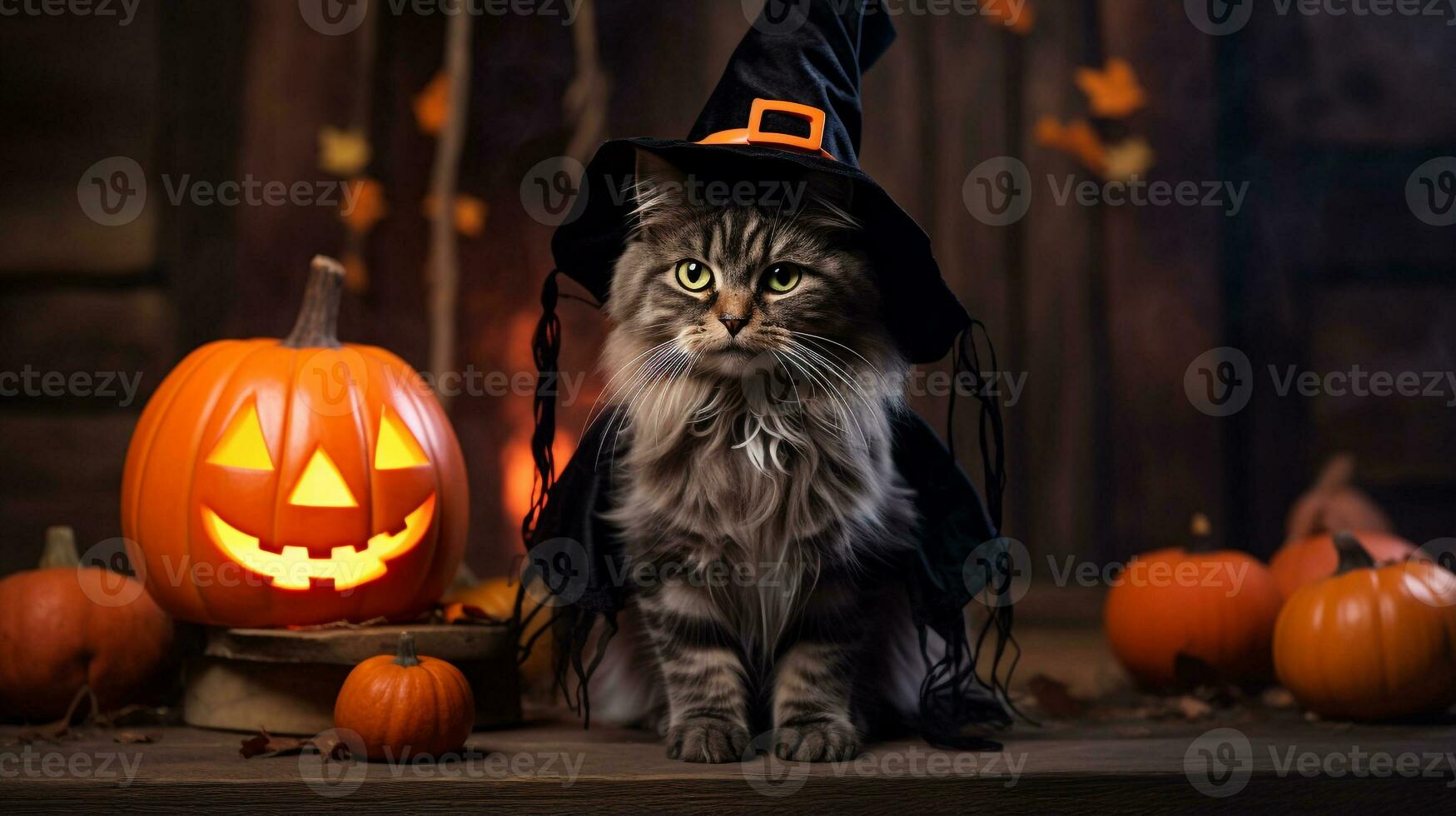 Photo of a cute cat wearing a Halloween costume. Generative AI