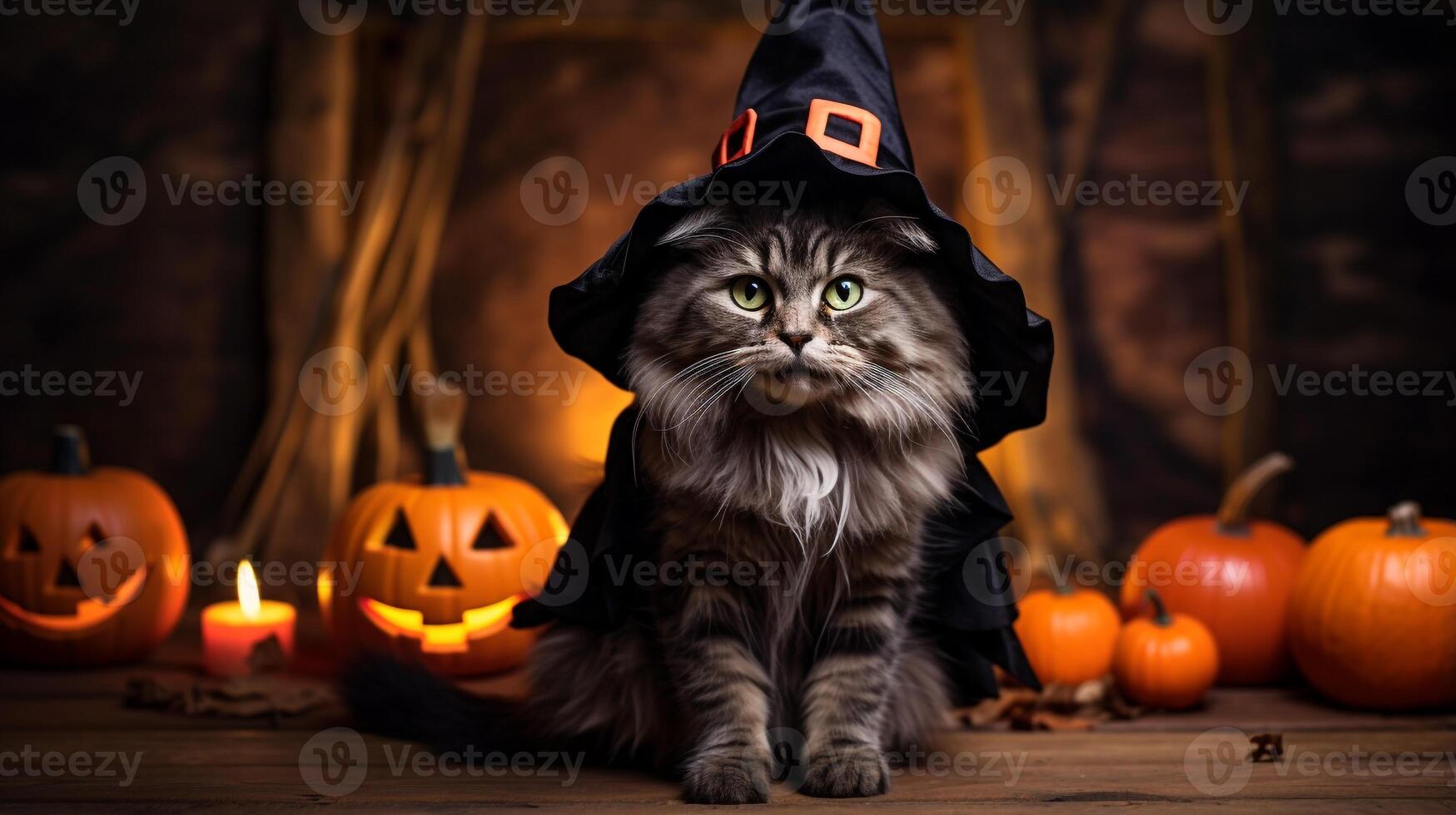 Photo of a cute cat wearing a Halloween costume. Generative AI