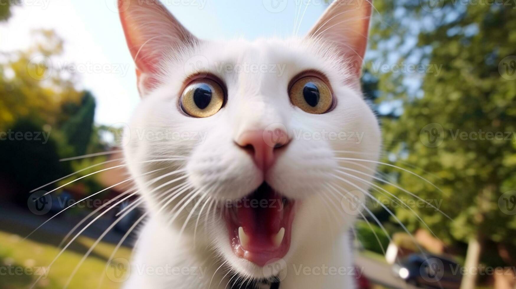 Close-up Photo of a funny shocked Turkish Van sticking out his tongue. Generative AI