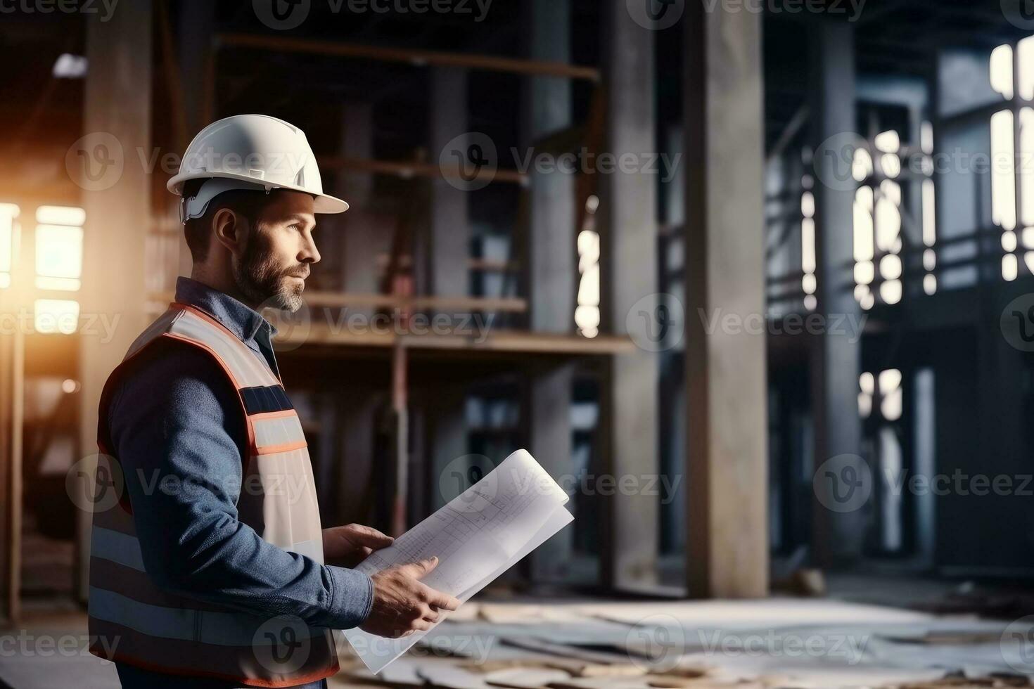 profesional ingeniero en protector casco y planos papel a casa edificio construcción sitio. foto