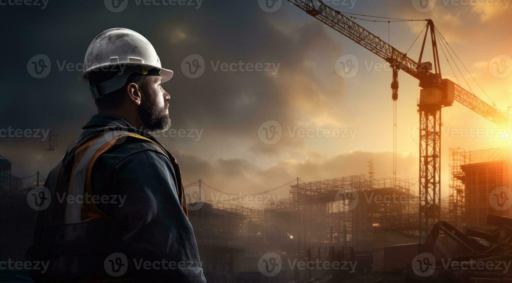 Professional engineer in protective helmet and blueprints paper at house building construction site. photo