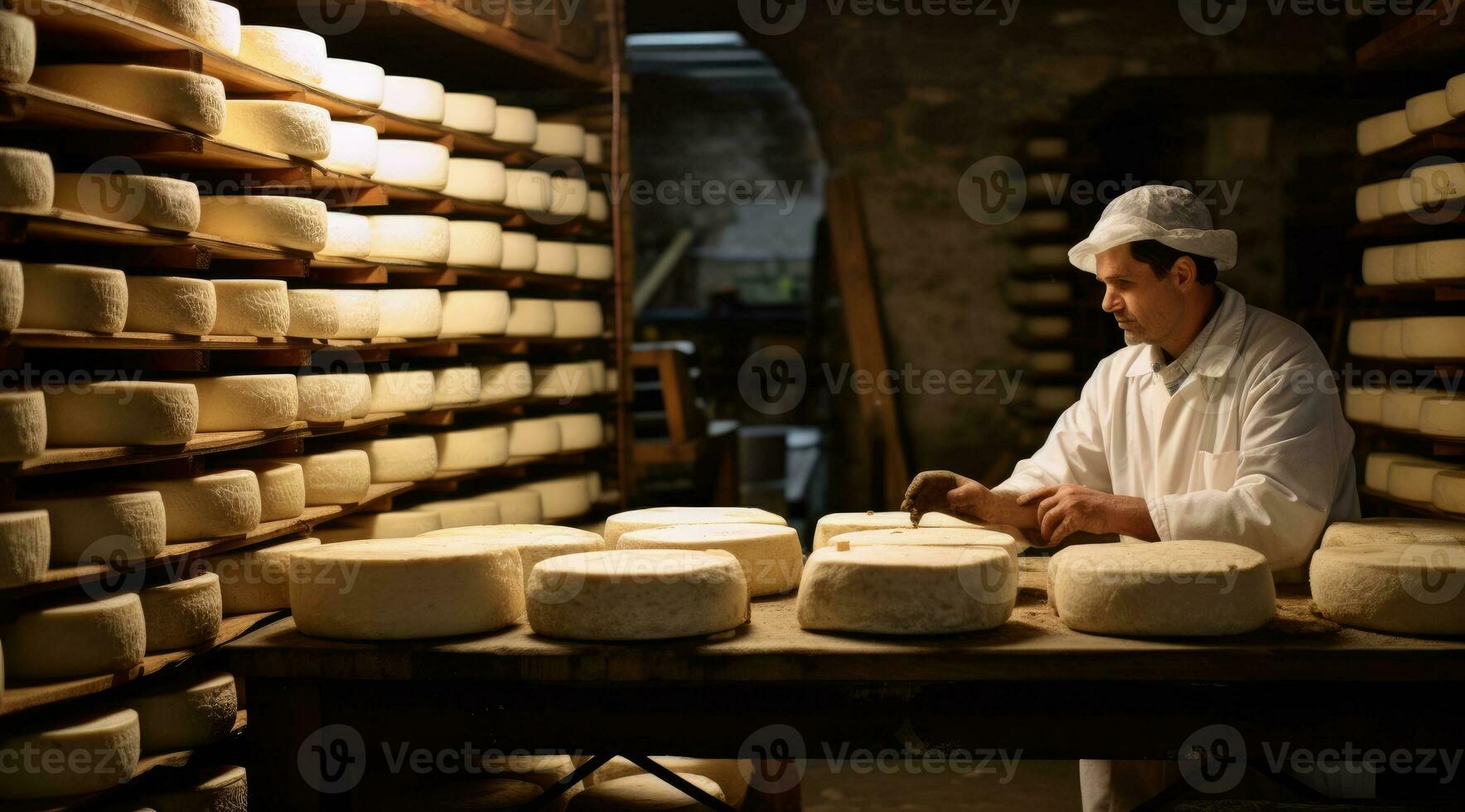 Round heads of cheese on wooden shelves in storage. Traditions of cheese making and sale of fresh product. photo