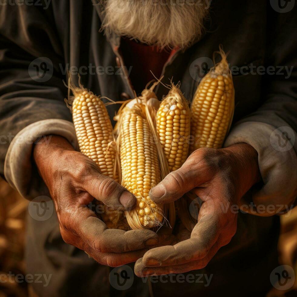 Farmer agronomist holding corn ear photo