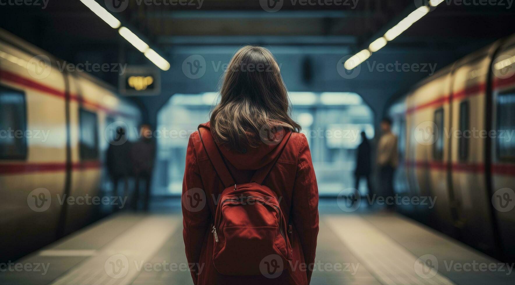 Back view of woman standing alone on platform in subway or on metro station. photo