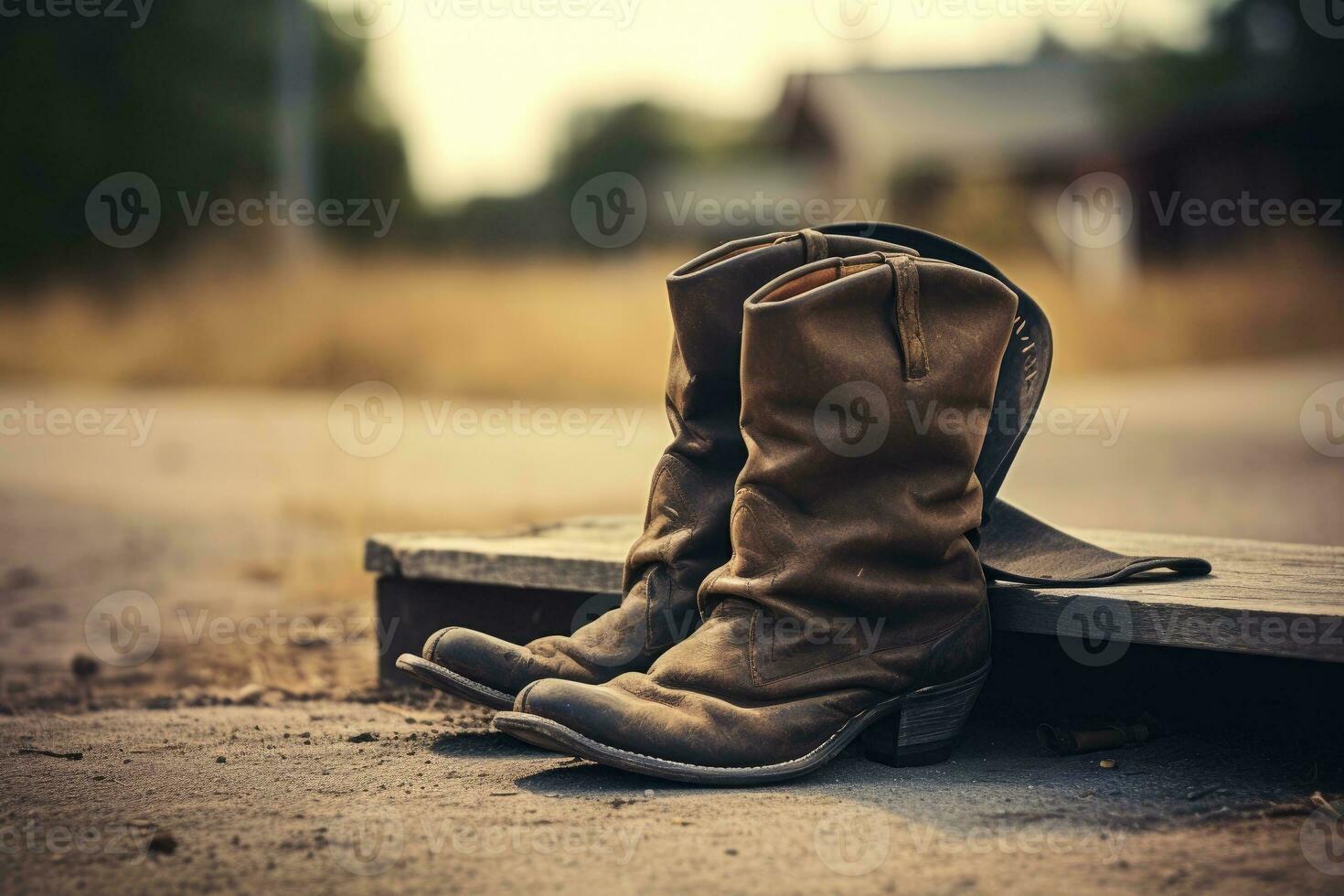 A pair of brown leather cowboy boots in a natural background photo