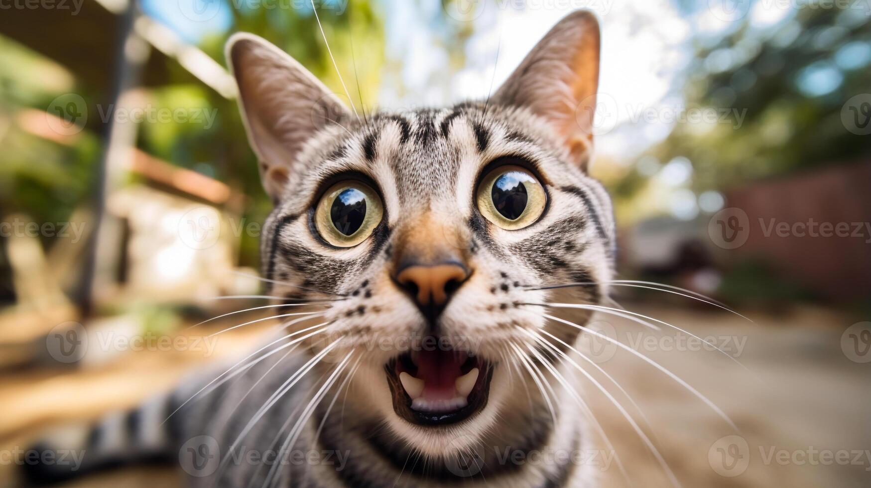 Close-up Photo of a funny shocked Egyptian Mau sticking out his tongue. Generative AI