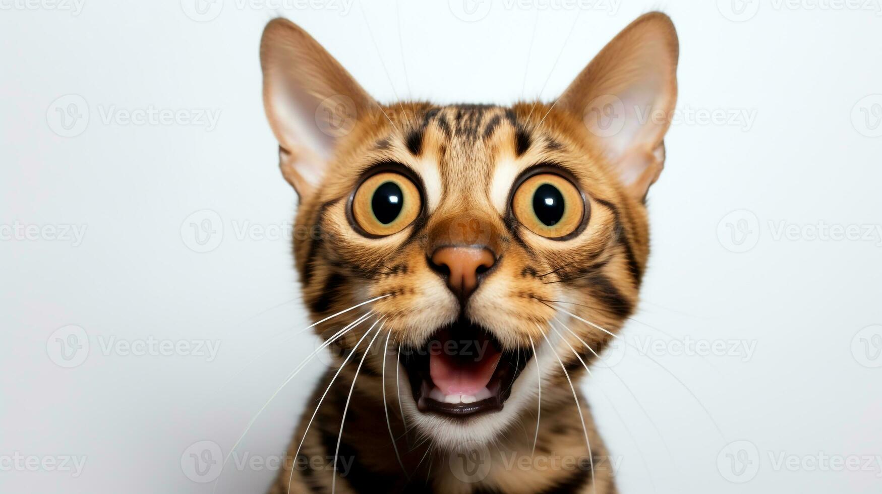 Close-up Photo of a funny shocked Bengal sticking out his tongue isolated on a black background. Generative AI