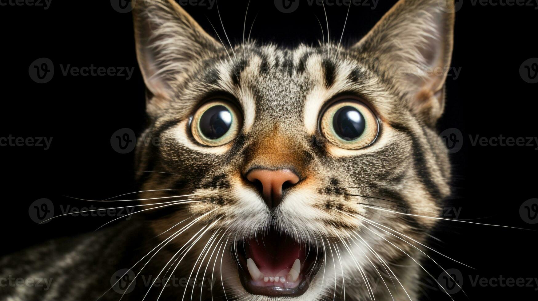 Close-up Photo of a funny shocked American Bobtail sticking out his tongue isolated on a black background. Generative AI