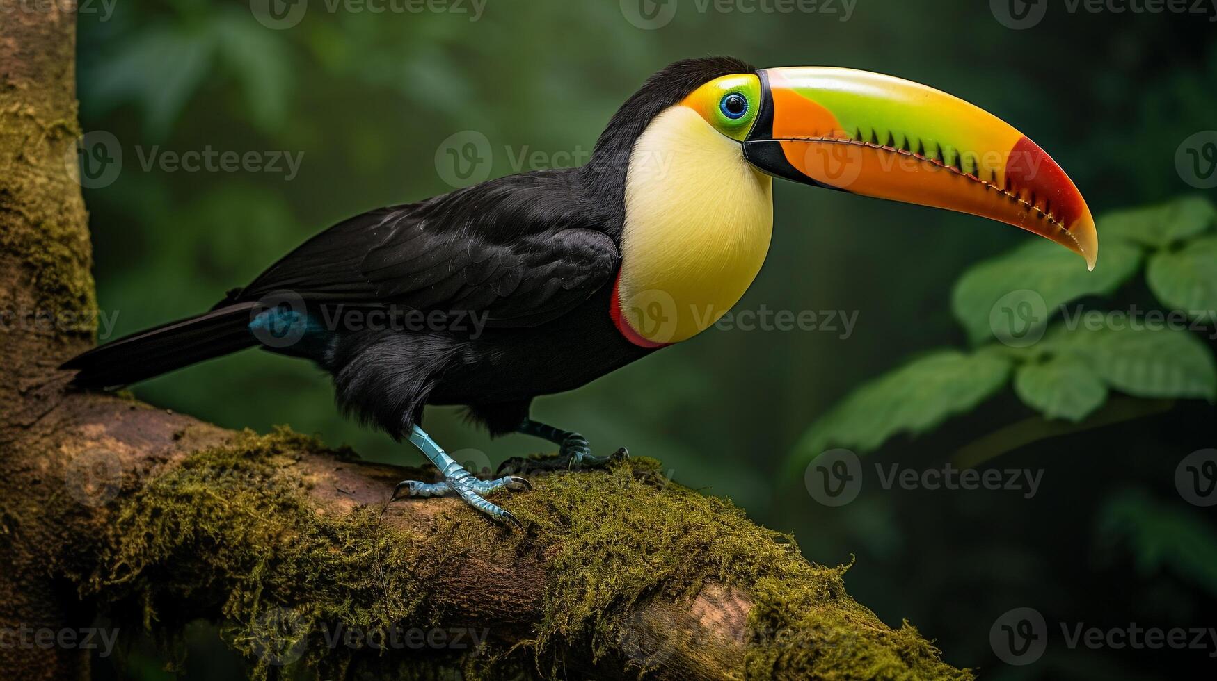 Photo of a Toucan standing on a fallen tree branch at morning. Generative AI