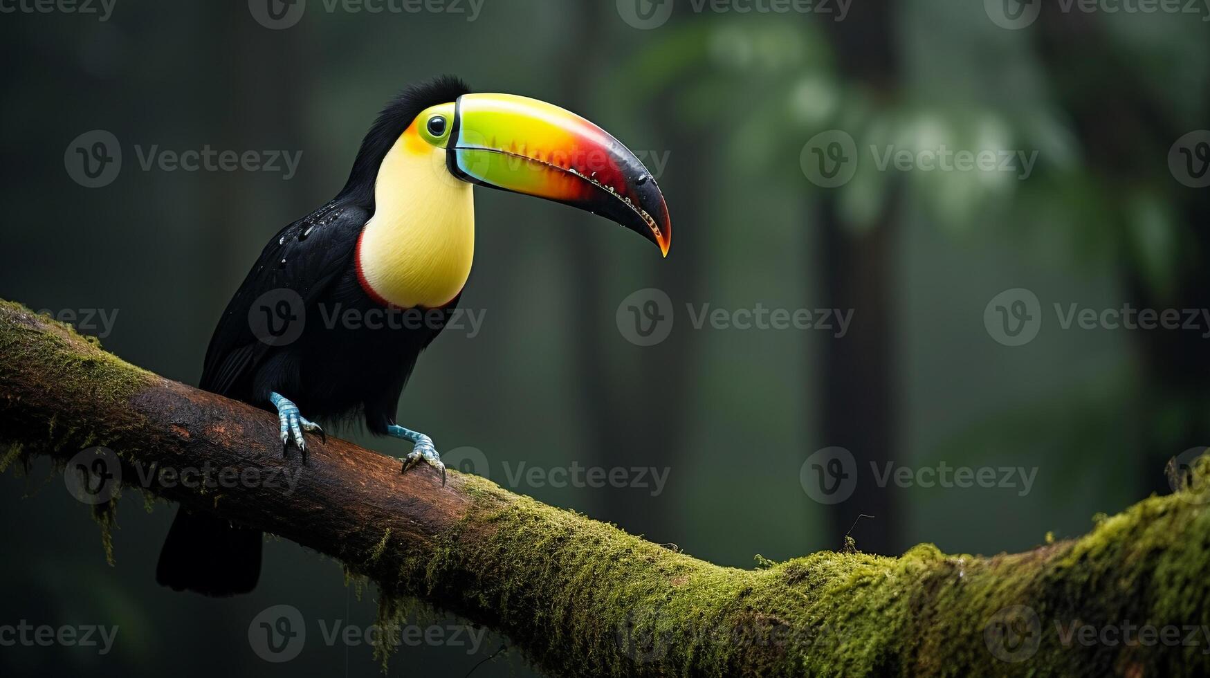 Photo of a Toucan standing on a fallen tree branch at morning. Generative AI