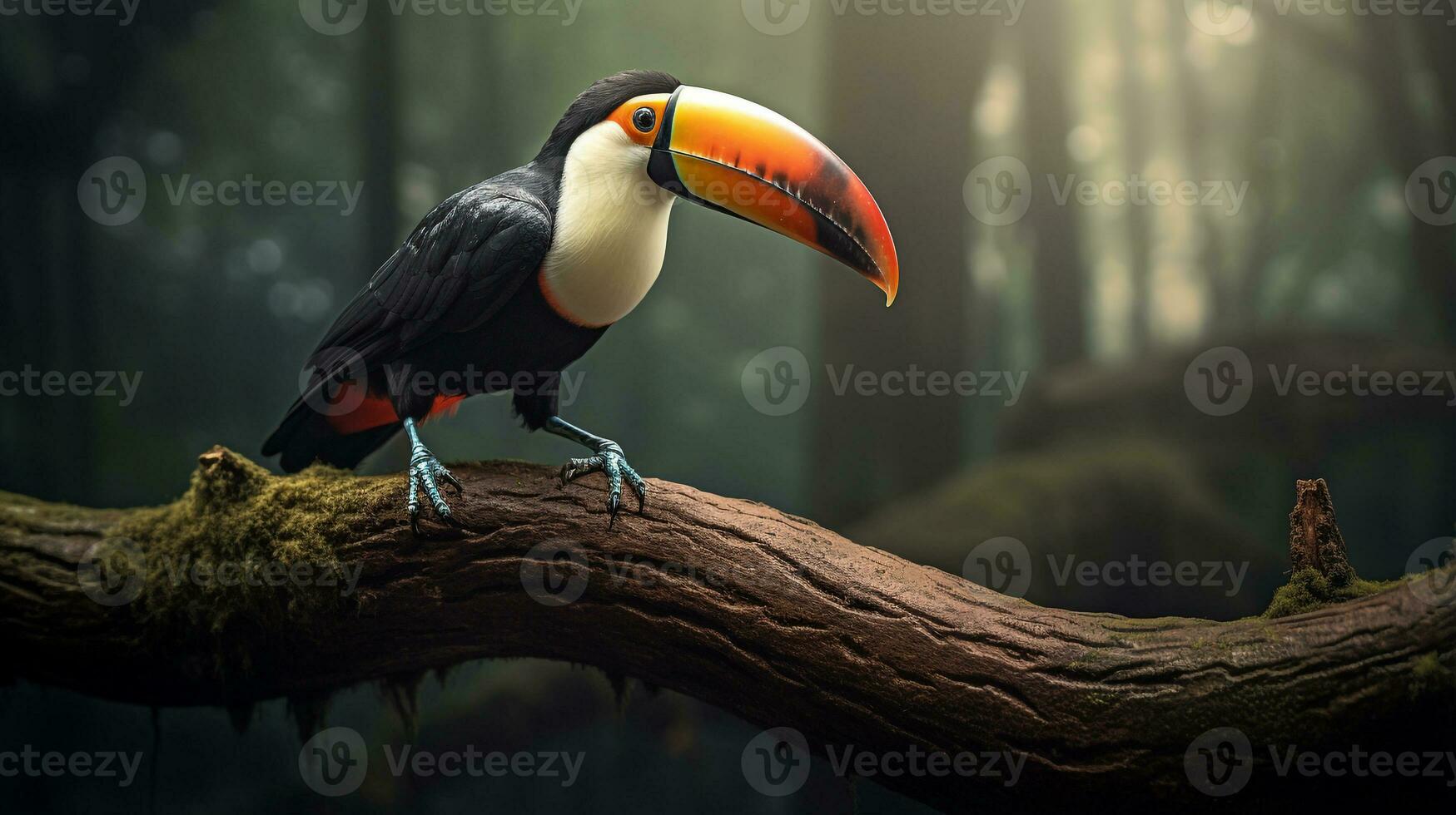 Photo of a Toucan standing on a fallen tree branch at morning. Generative AI