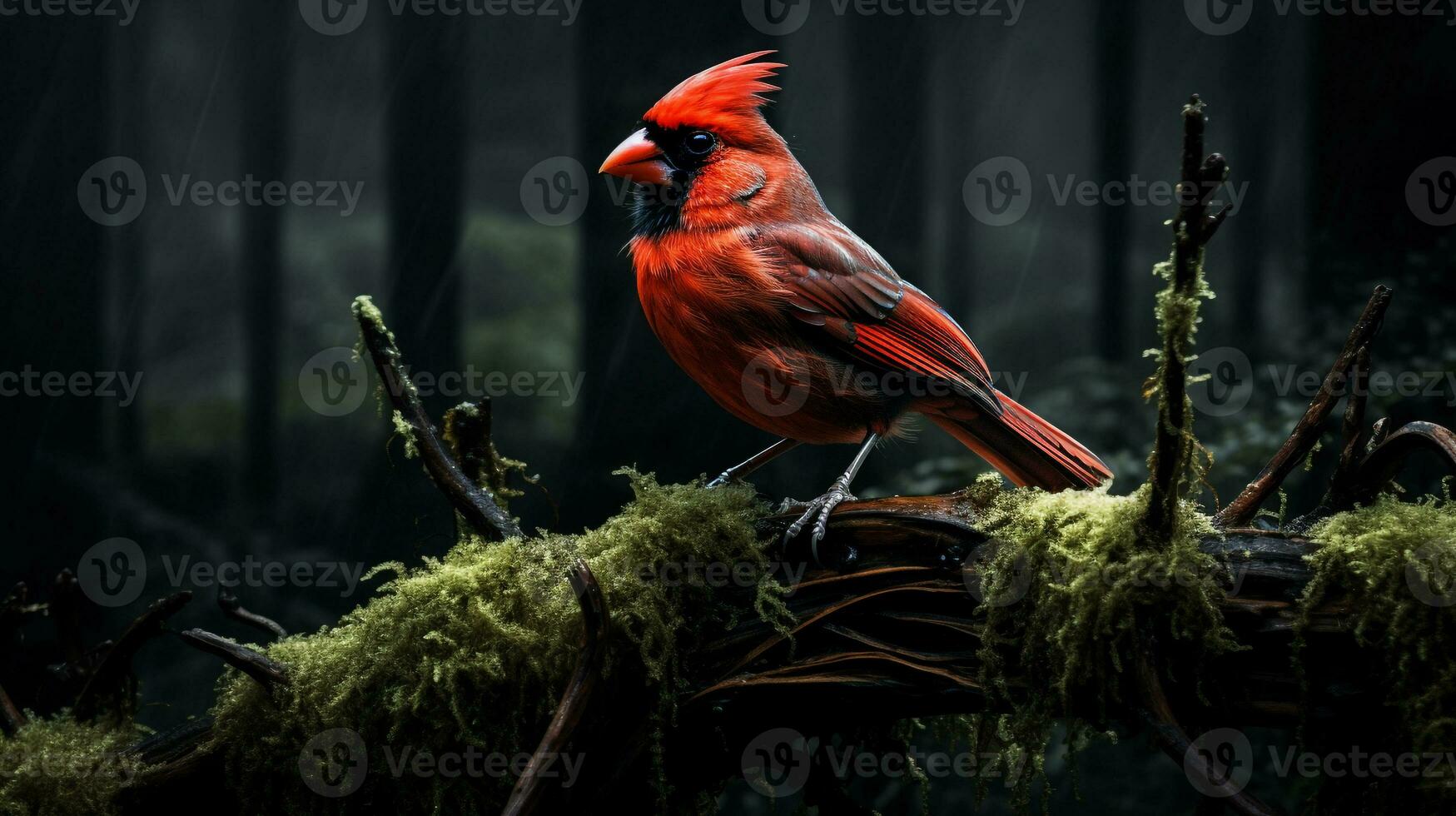 Photo of a Northern Cardinal standing on a fallen tree branch at morning. Generative AI