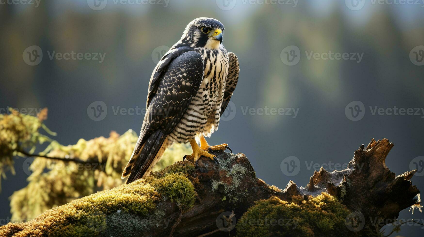 Photo of a Peregrine Falcon standing on a fallen tree branch at morning. Generative AI