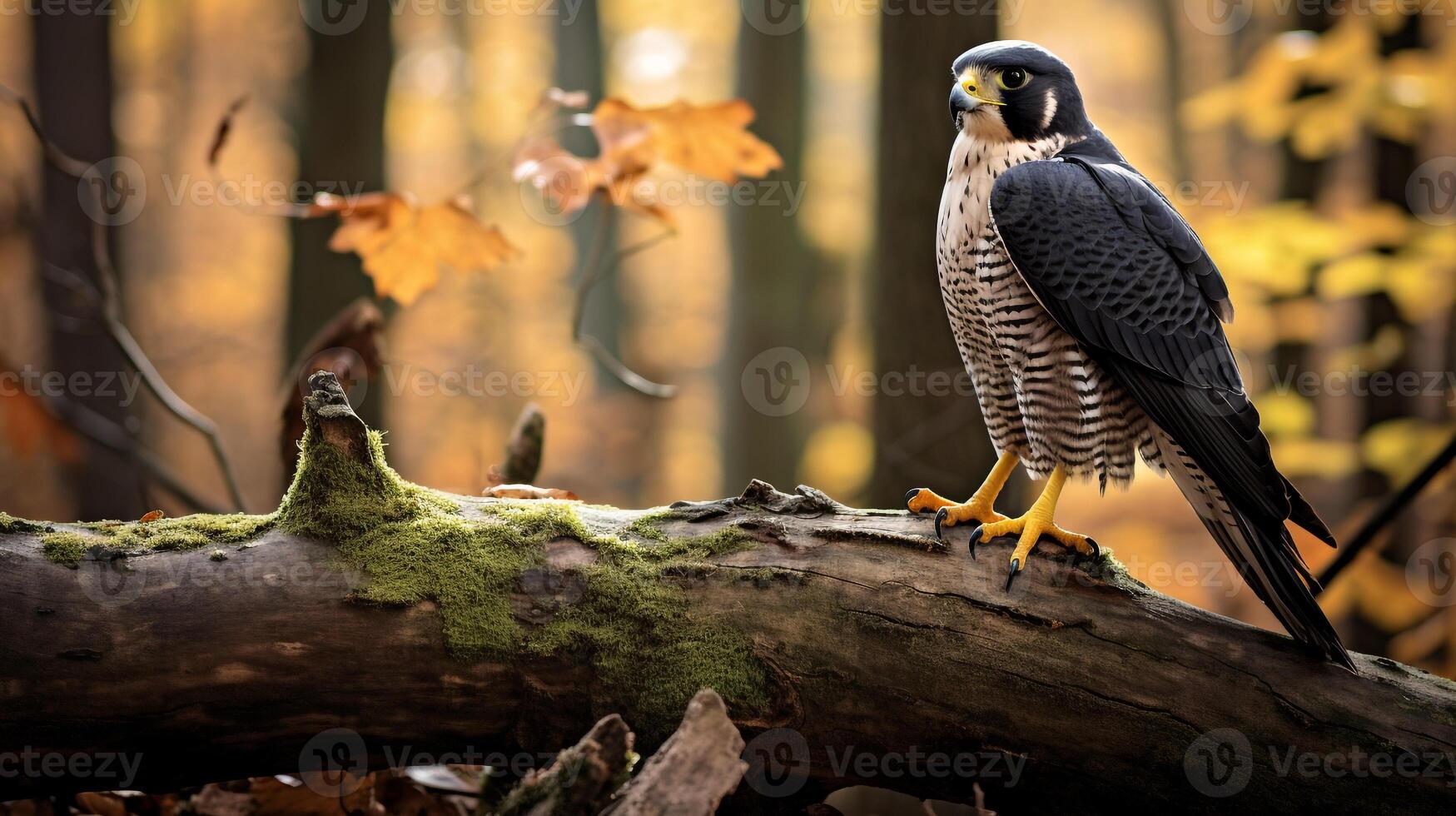 Photo of a Peregrine Falcon standing on a fallen tree branch at morning. Generative AI