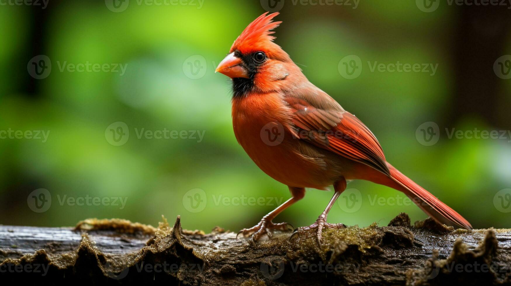 Photo of a Northern Cardinal standing on a fallen tree branch at morning. Generative AI