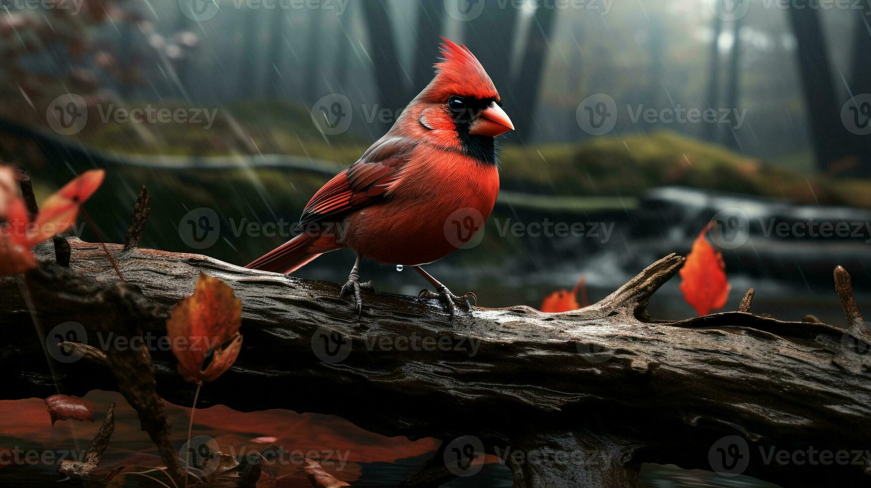 Photo of a Northern Cardinal standing on a fallen tree branch at morning. Generative AI