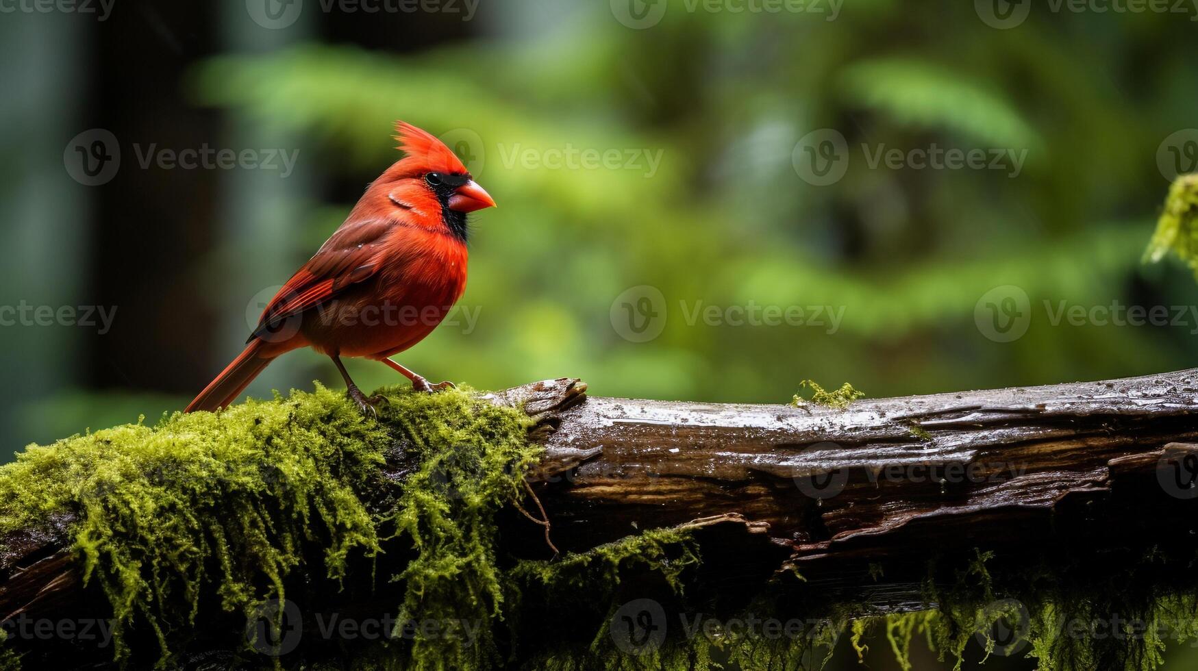 Photo of a Northern Cardinal standing on a fallen tree branch at morning. Generative AI