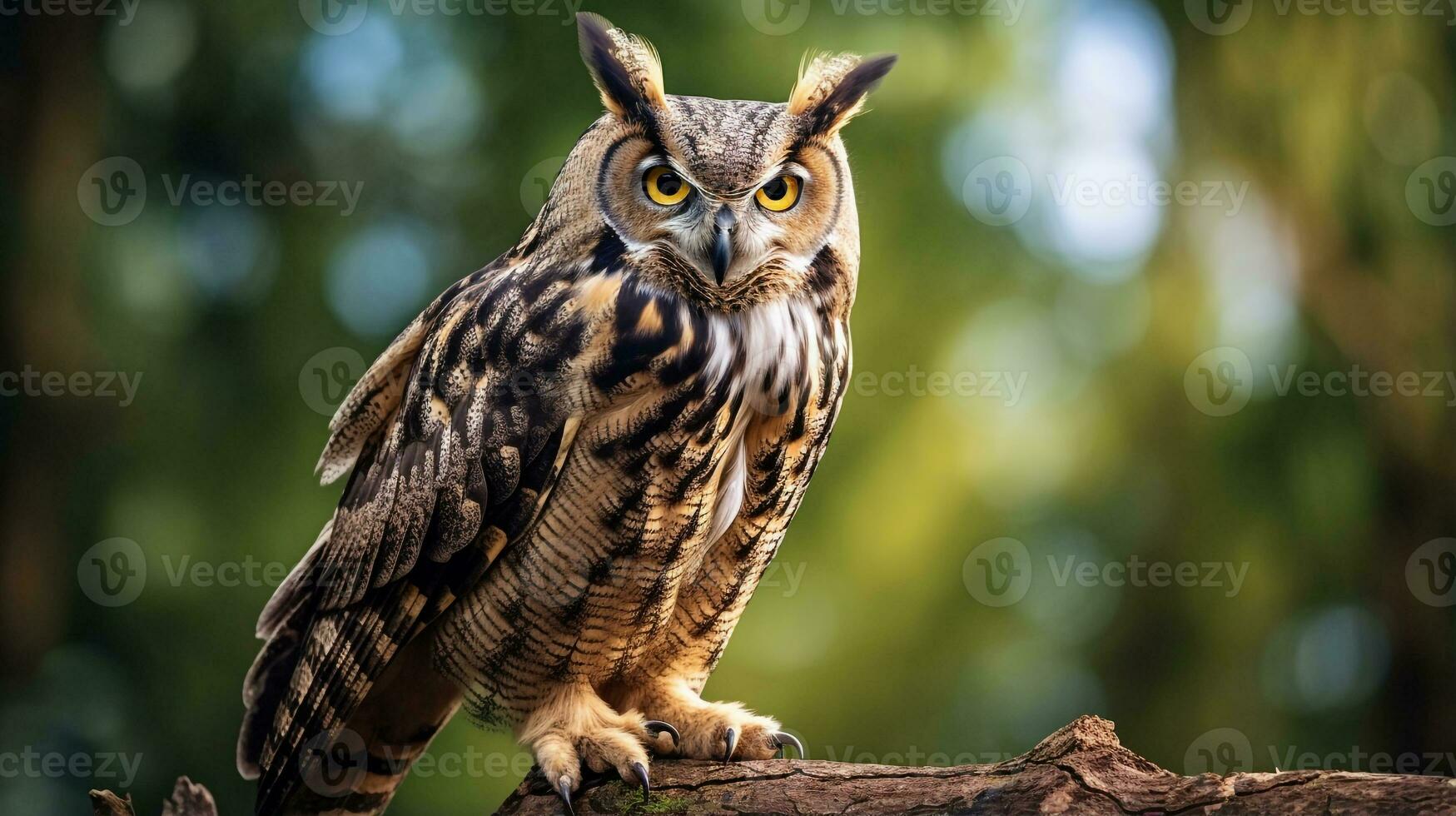 Photo of a Great Horned Owl standing on a fallen tree branch at morning. Generative AI