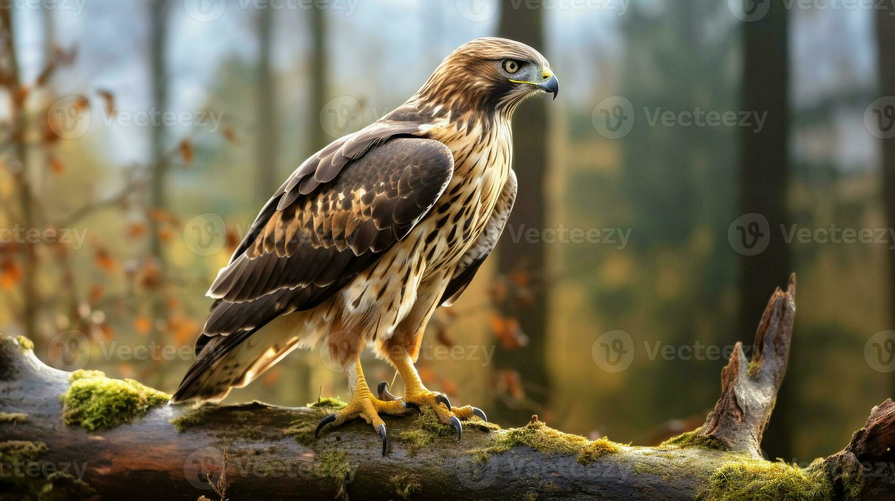 Photo of a Red-tailed standing on a fallen tree branch at morning. Generative AI