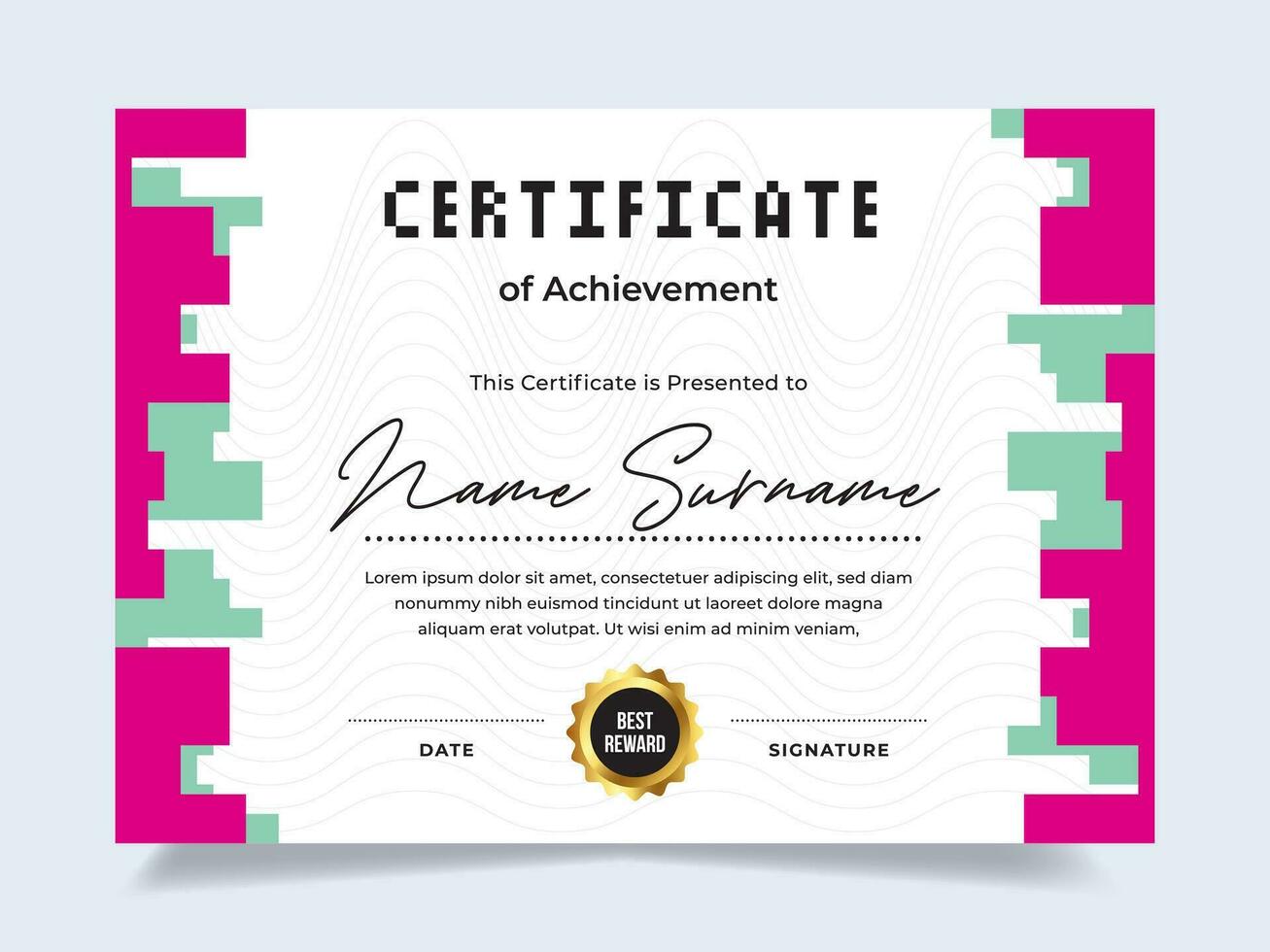 Pixel certificate of achievement template with gold badge. Modern certificate vector. Perfect for employee awards. vector