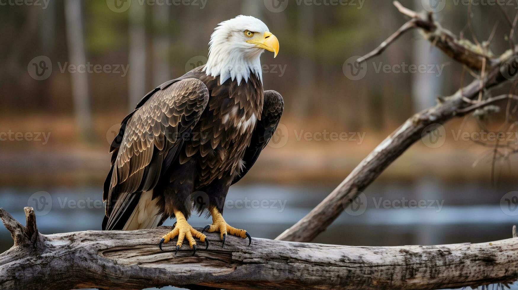 Photo of a Bald Eagle standing on a fallen tree branch at morning. Generative AI