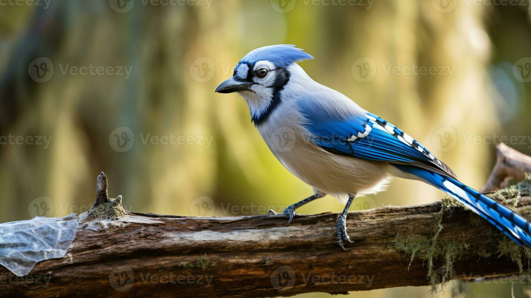 Photo of a Blue Jay standing on a fallen tree branch at morning. Generative AI