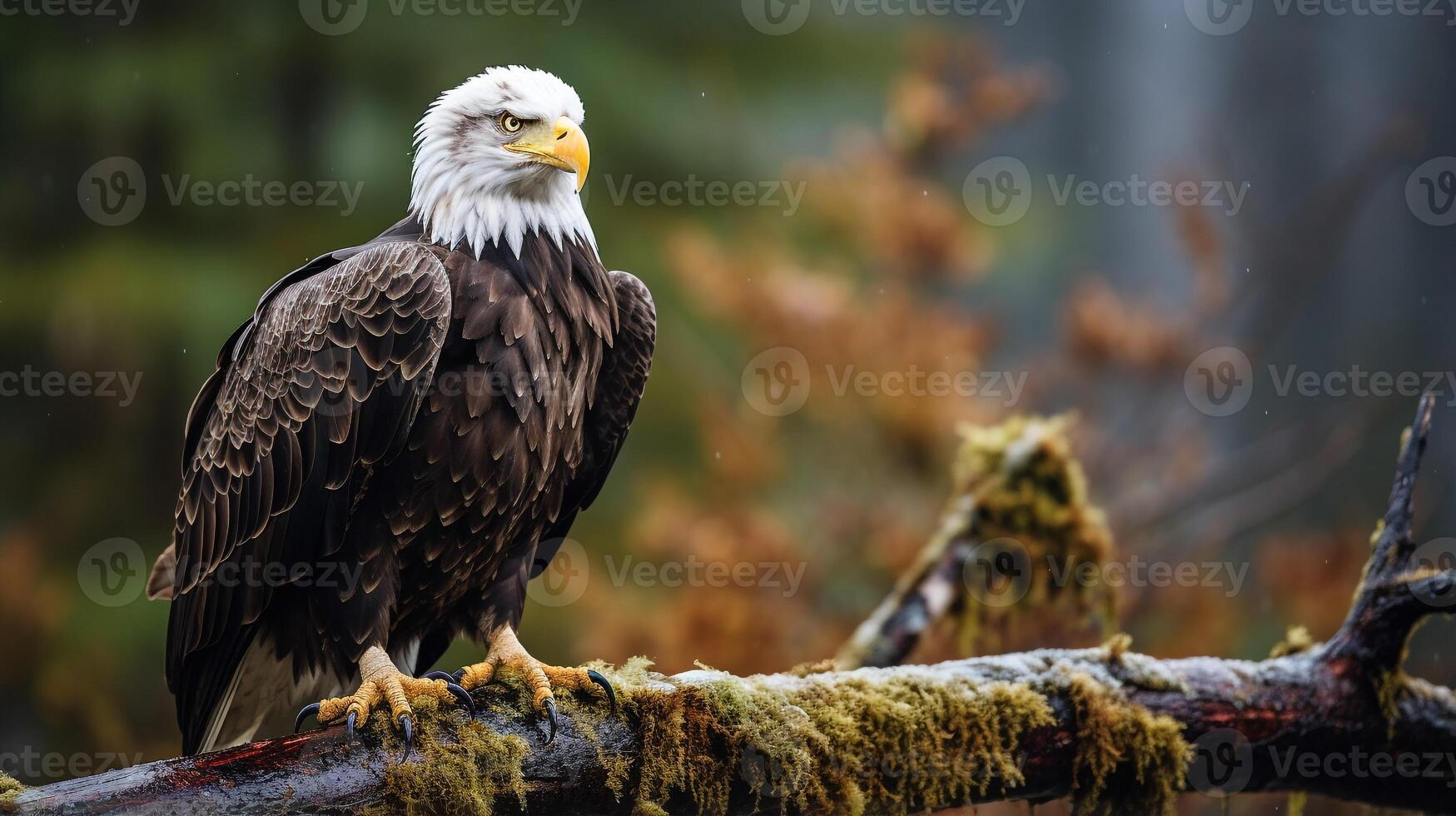 Photo of a Bald Eagle standing on a fallen tree branch at morning. Generative AI