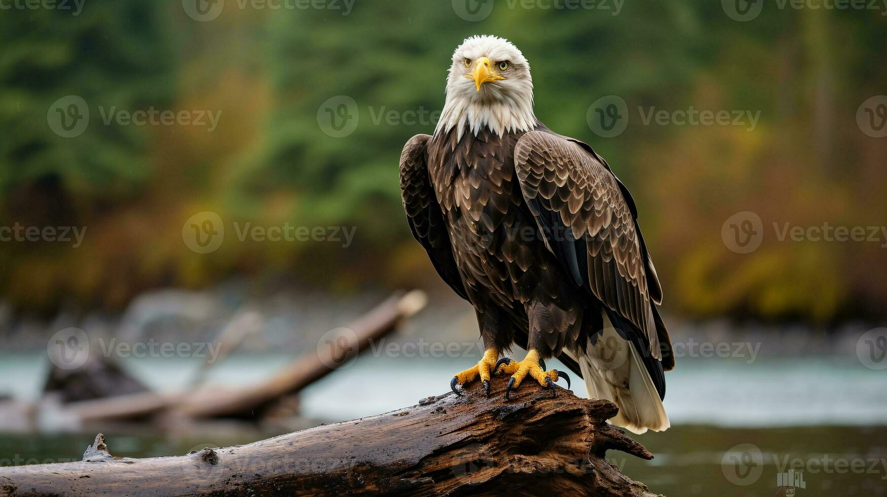 Photo of a Bald Eagle standing on a fallen tree branch at morning. Generative AI