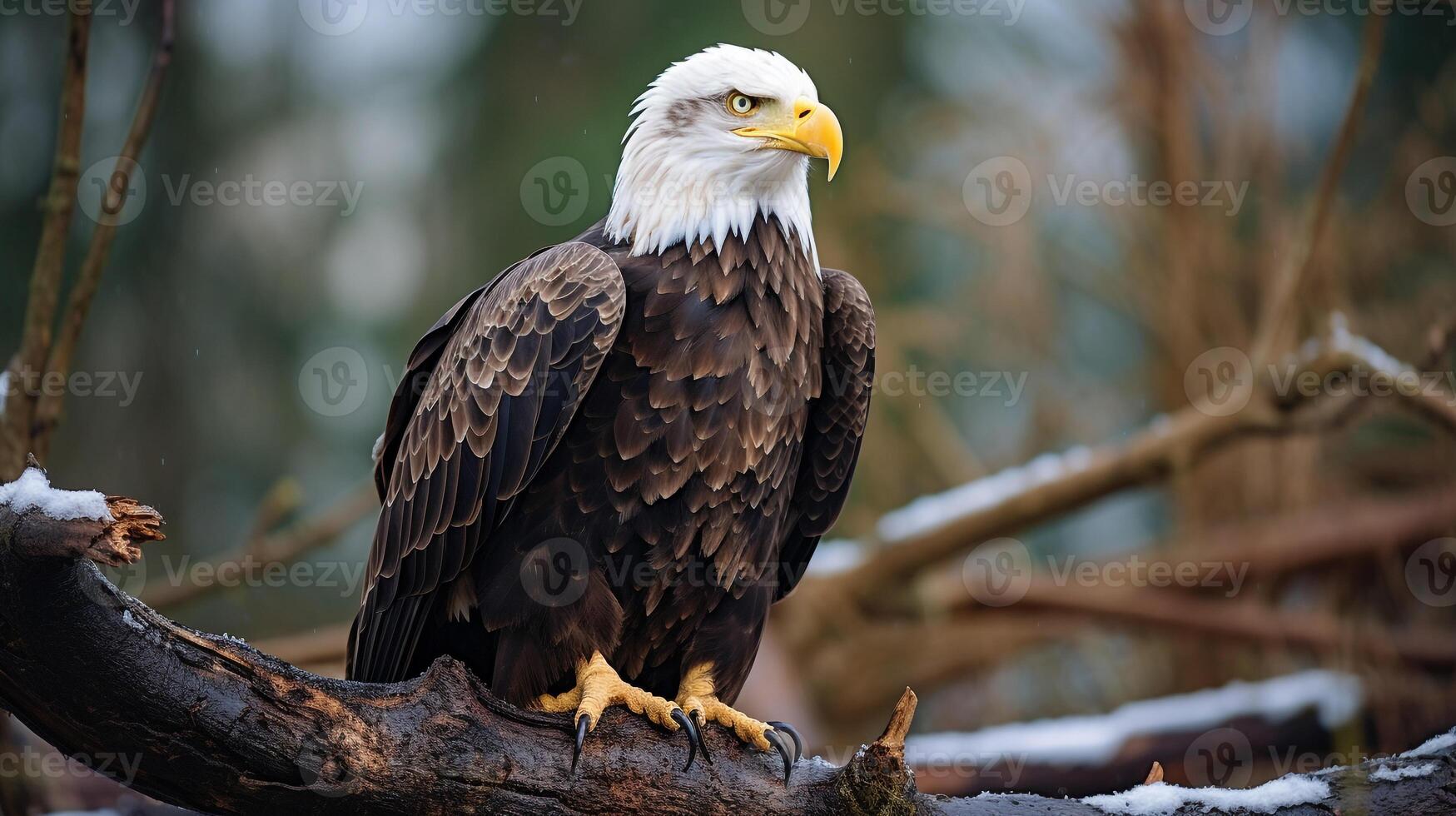 Photo of a Bald Eagle standing on a fallen tree branch at morning. Generative AI