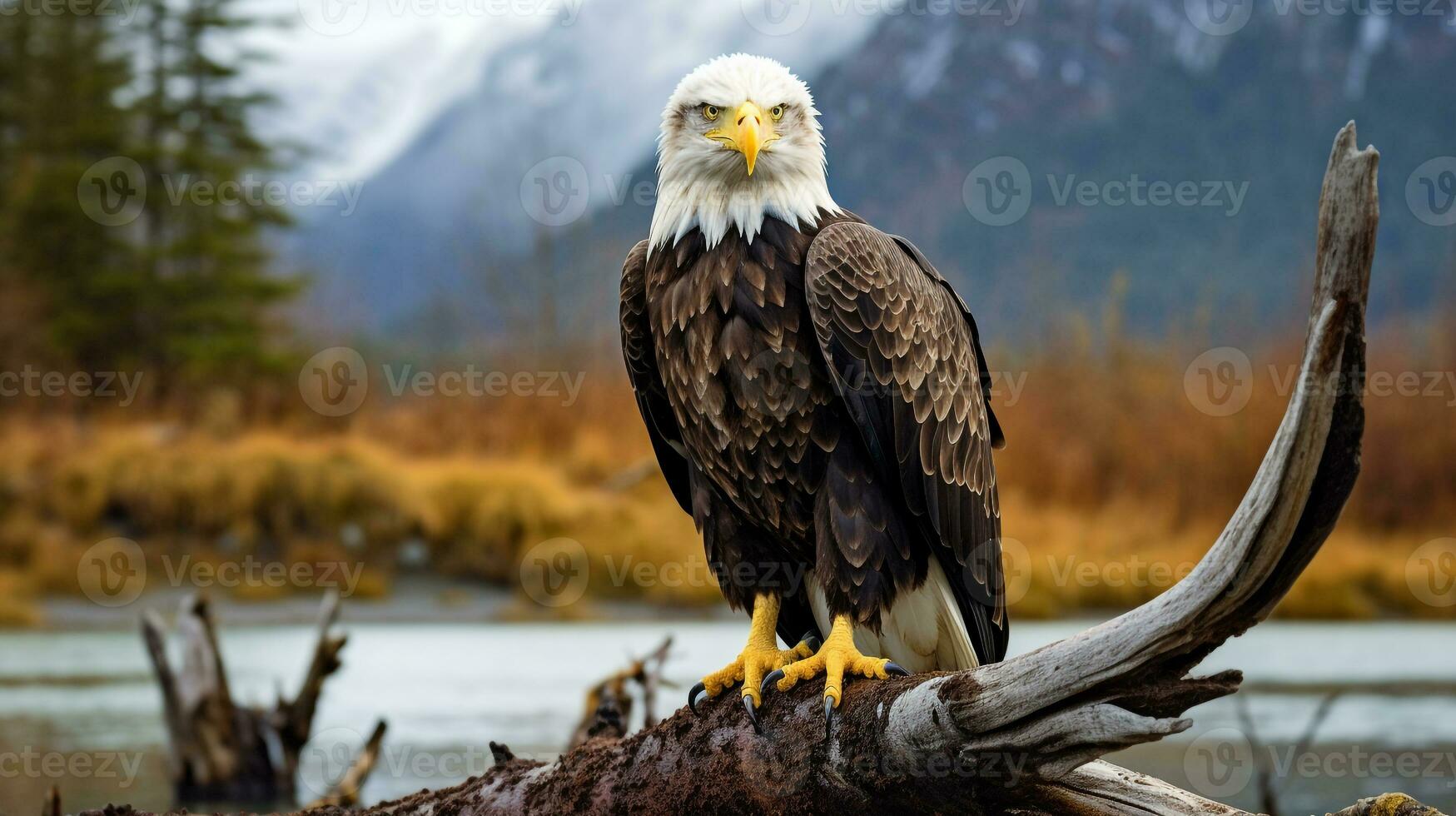 Photo of a Bald Eagle standing on a fallen tree branch at morning. Generative AI