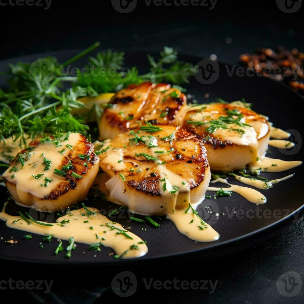 Grilled scallops with creamy lemon spicy sauce and herbs on black