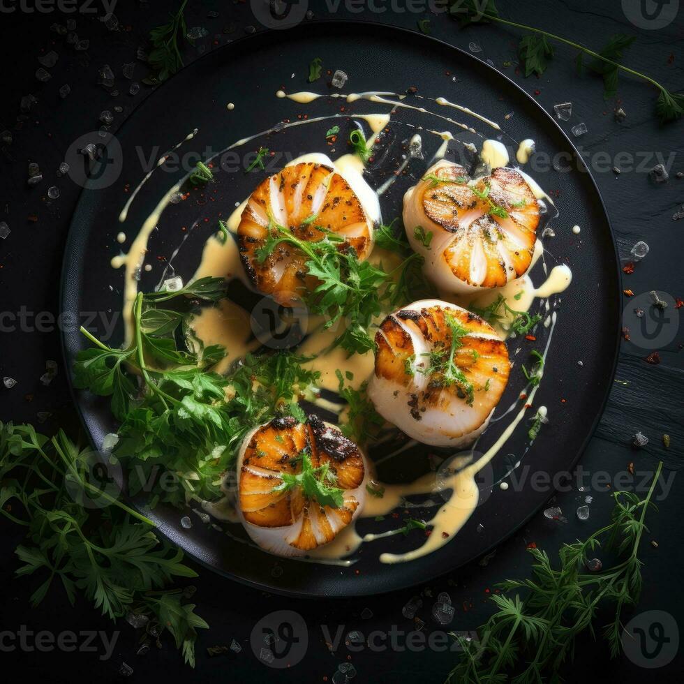 Grilled scallops with creamy lemon spicy sauce and herbs on black