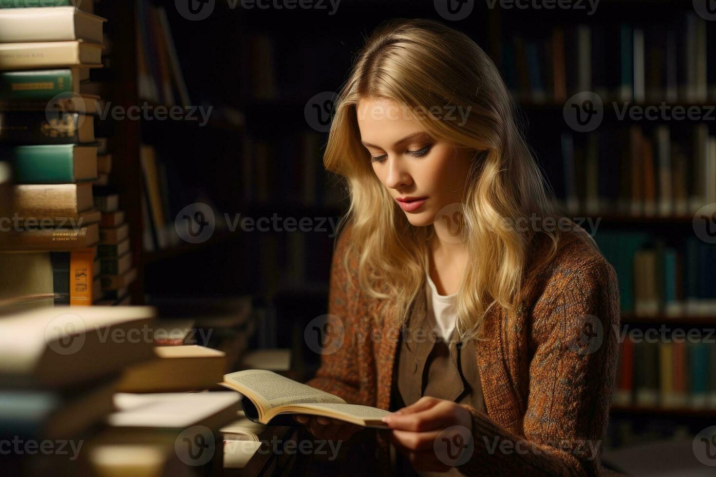 Student with stacks of books at desk in library photo