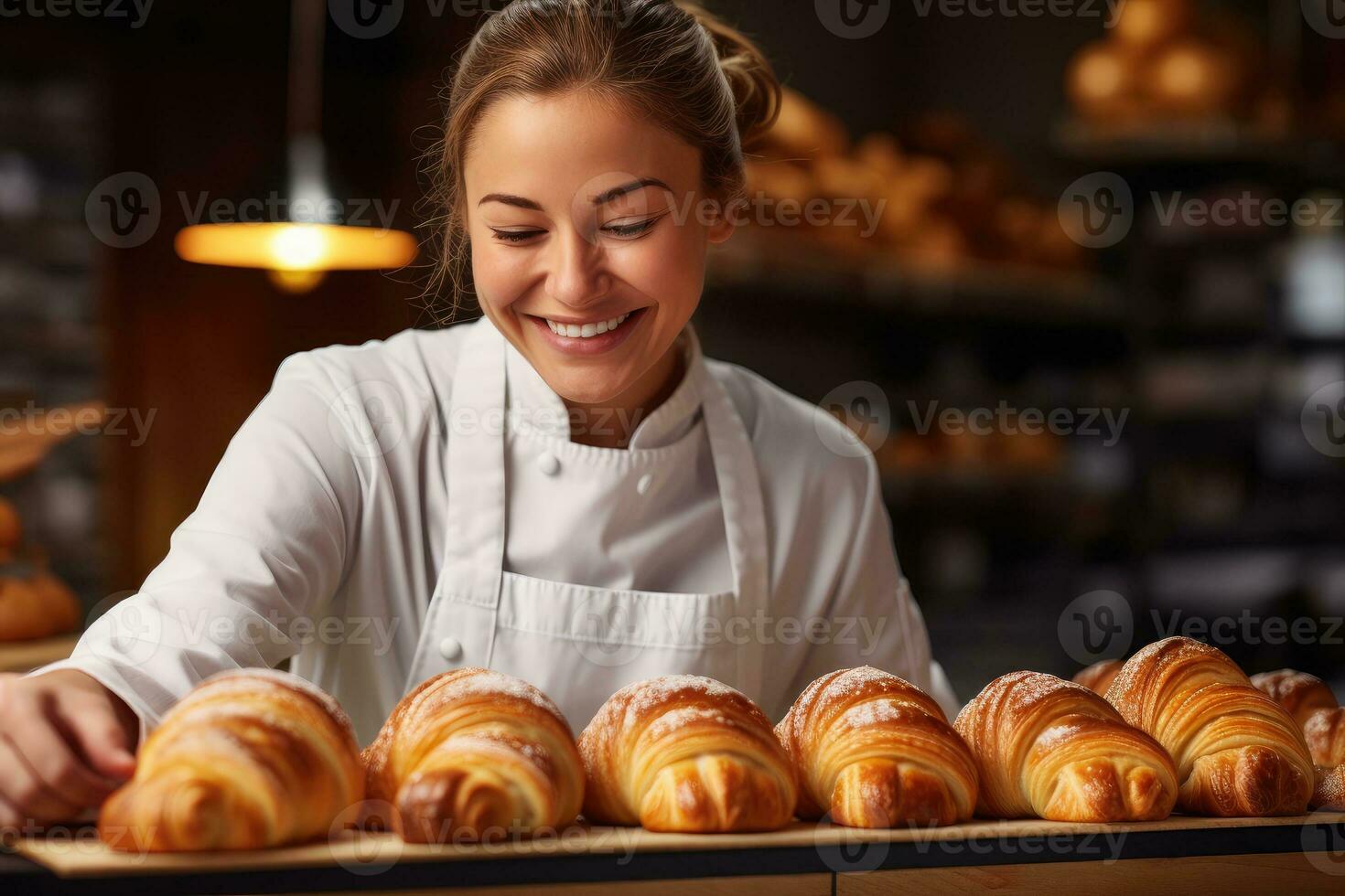 Close-up of a female baker holding a baker tray of sweet bread photo