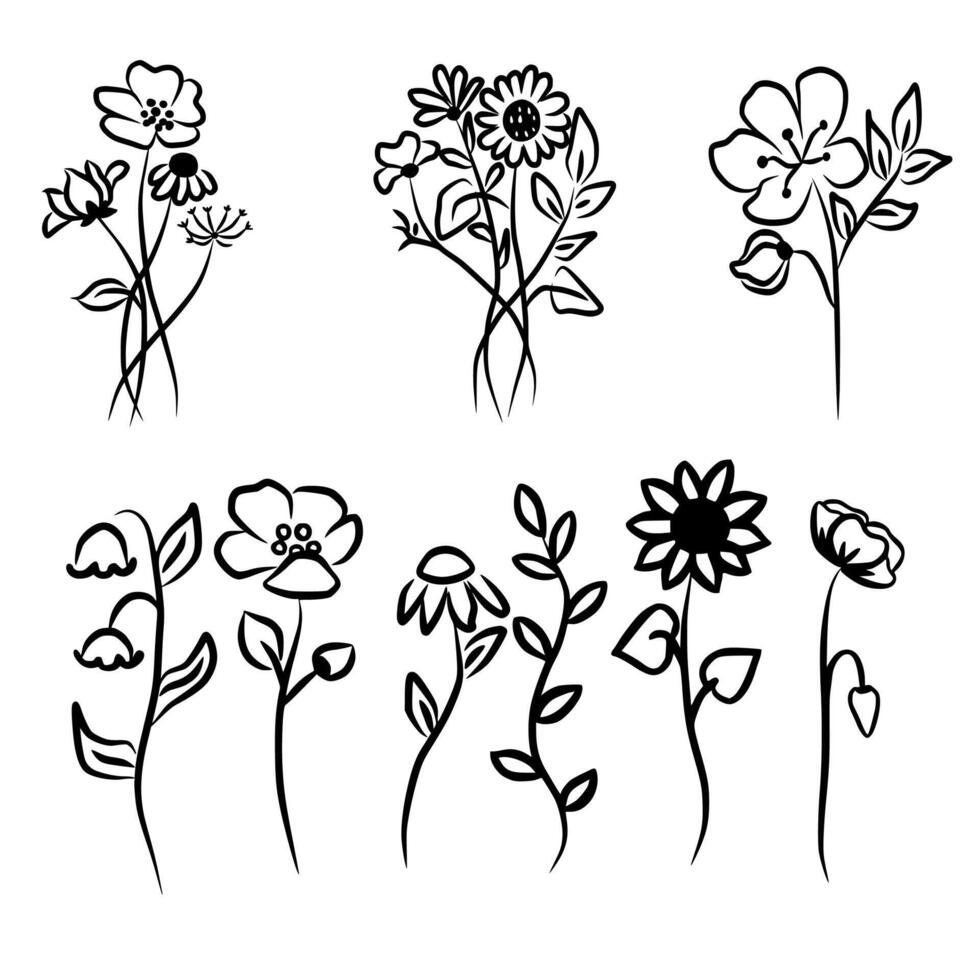 Natural Illustration Vector Of Flowers Bouquet And Meadow In Black Ink