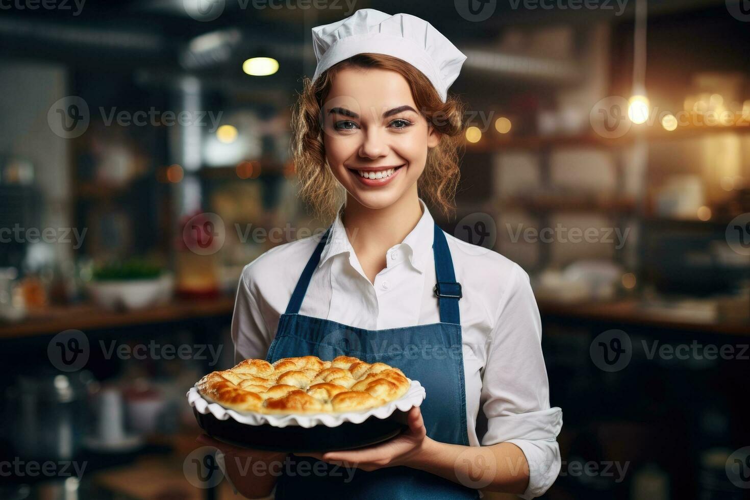 Close-up of a female baker holding a baker tray of sweet bread photo