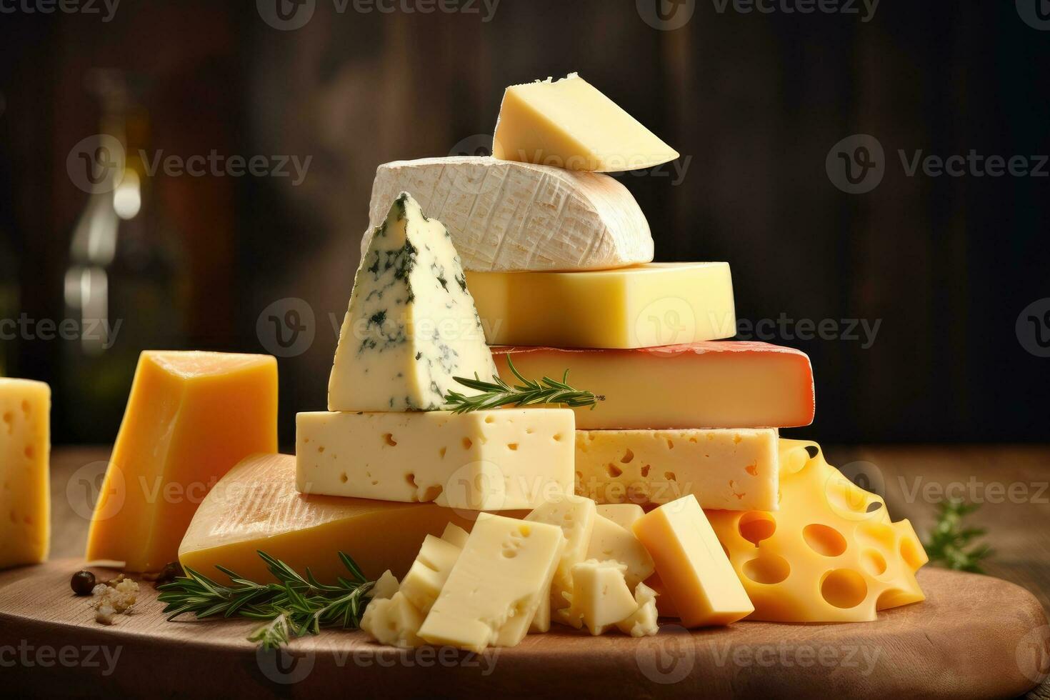 Wooden board with different kinds of delicious cheese on table photo