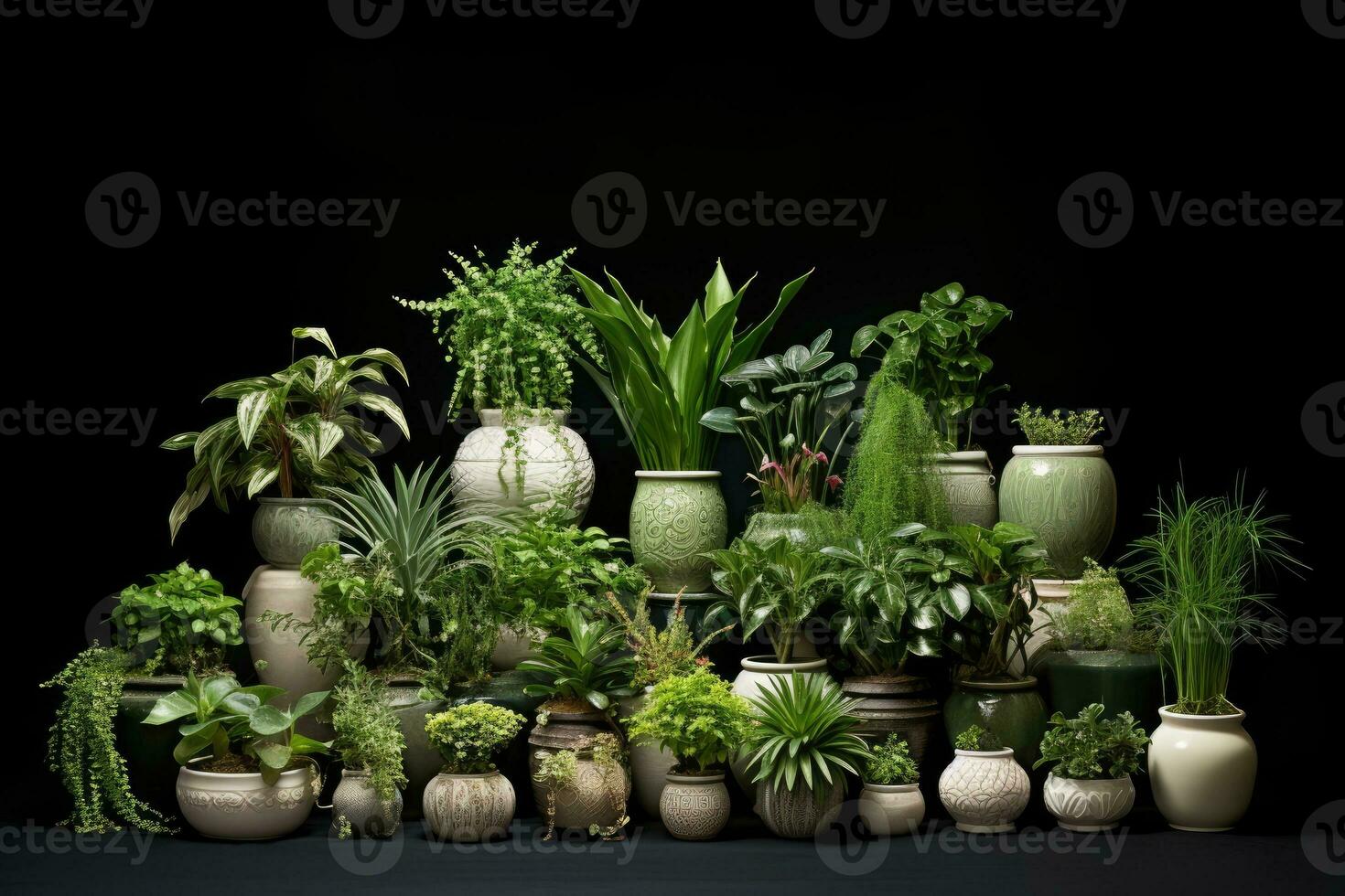 Collection of various houseplants displayed in ceramic pots photo