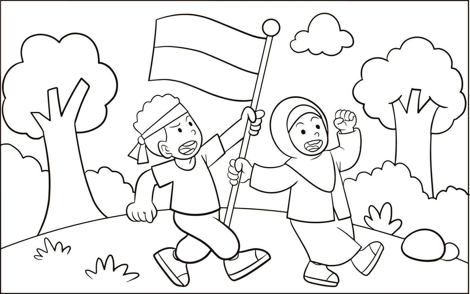 Coloring book of boy and girl holding flag vector