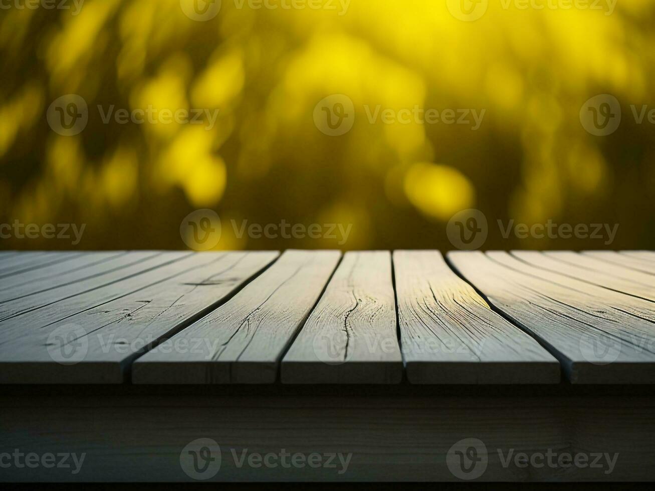 Wooden table and blur tropical Yellow Color background, product display montage. High quality photo 8k FHD AI generated