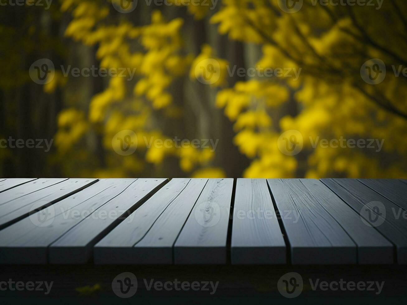 Wooden table and blur tropical Yellow Color background, product display montage. High quality photo 8k FHD AI generated