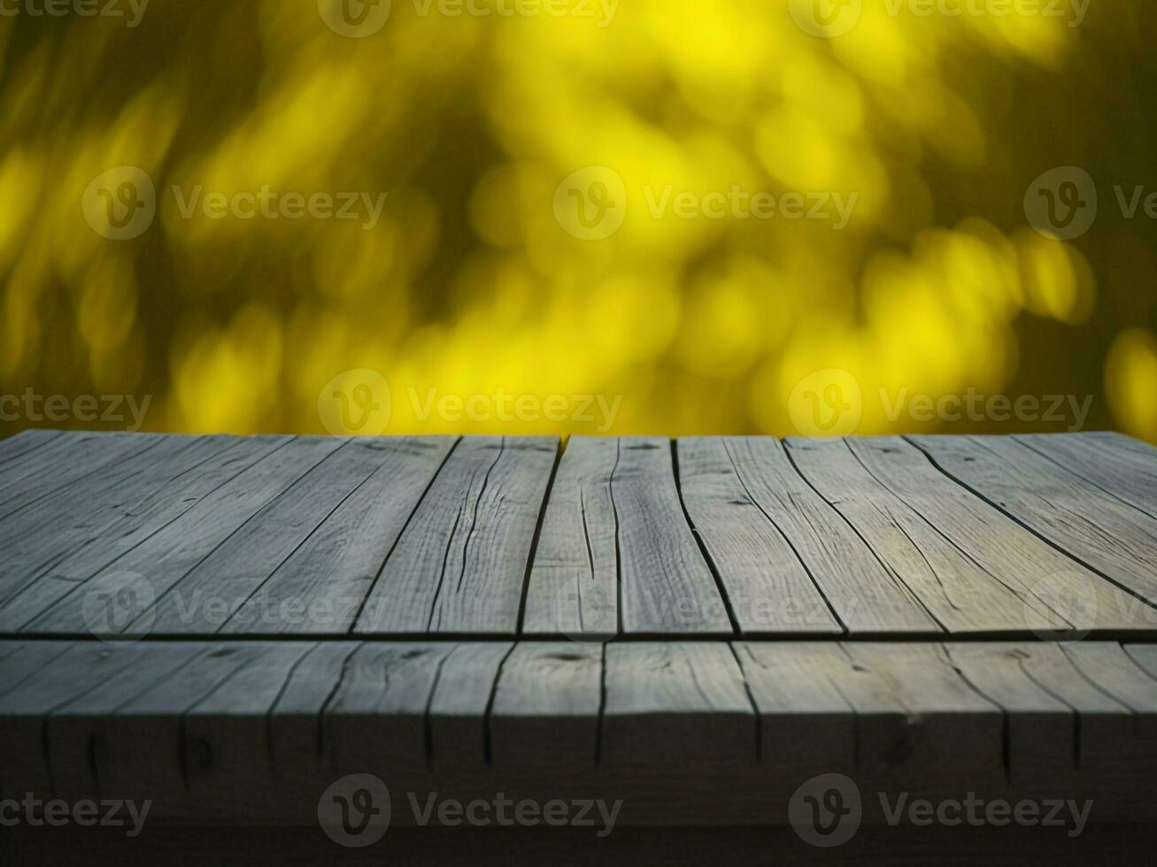 Wooden table and blur tropical Yellow Color background, product display montage. High quality photo 8k FHD AI generated