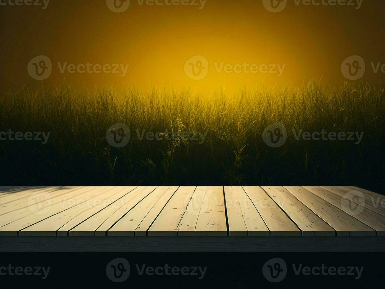 Wooden table and blur tropical Yellow Color background, product display montage. High quality photo 8k FHD AI generated